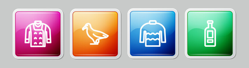 Set line Sweater, Albatross, and Bottle of vodka. Colorful square button. Vector