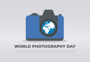World photography day banner poster on august 19 with vintage camera and world map on grey background.