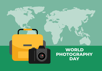 World photography day banner poster on august 19 with camera bag and world map on green background.