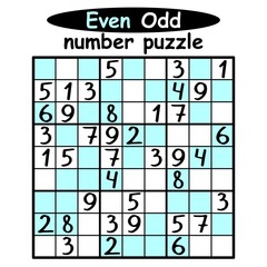 Even Odd sudoku printable activity page vector illustration. Unusual sudoku game with even numbers on colorful cells and odd numbers on white cells. Funny educational game for kids and adults