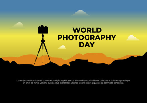 World photography day banner poster on august 19 with tripod camera on sunset background.