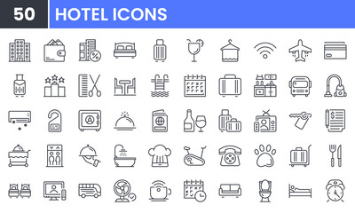 Fototapeta na wymiar Hotel vector line icon set. Contains linear outline icons like Wifi, Bed, Shower, Room, Bath, Pool, Restaurant, Service, Plane, TV, Air, Bag, Gym, Luggage, Travel, Date. Editable use and stroke.