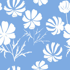 Fototapeta na wymiar Seamless floral pattern in white color on a pale blue background. Silhouettes of cosmea flowers create a light summer pattern.