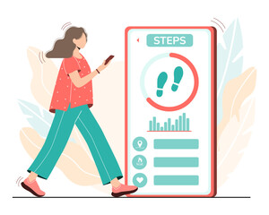 A young woman is engaged in walking in the fresh air. A woman wears a fitness tracker, pedometer. Smartphone app.oncept of sports lifestyle and technology.Flat style vector illustration.
