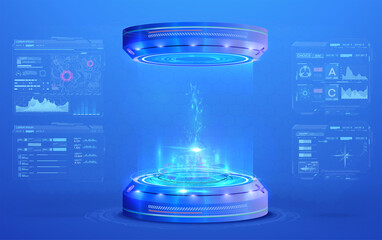 Blank display, stage or podium for show product in futuristic cyberpunk style. Technology demonstration. Futuristic circle 3D lab stage with HUD elements. Hologram of dashboard with graphs and data.