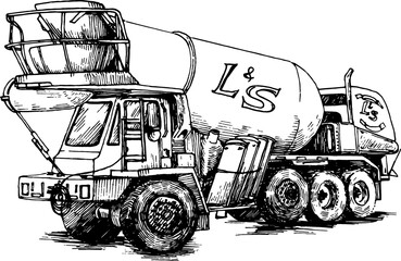Vintage hand drawn monochromatic illustration of a concrete mixer truck