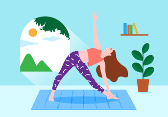 Young woman practices yoga at home. Vector illustration in flat cartoon style