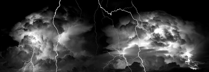 Panoramic Dark cloud at evening sky with thunder bolt. Heavy storm bringing thunder, lightnings and...