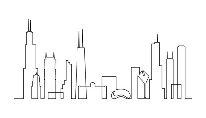 Obraz premium Chicago skyline in continuous line art drawing style. Cityscape of Chicago with silhouettes of most famous buildings and towers. Black linear design isolated on white background. Vector illustration