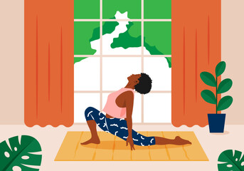 Young African American woman practices yoga in front of a big window at home . Vector illustration in flat cartoon style.