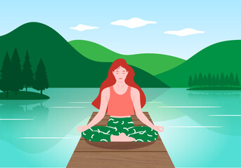 Young woman meditates in nature. Vector illustration in flat cartoon style