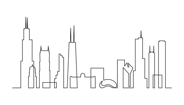 Chicago skyline in continuous line art drawing style. Cityscape of Chicago with silhouettes of most famous buildings and towers. Black linear design isolated on white background. Vector illustration