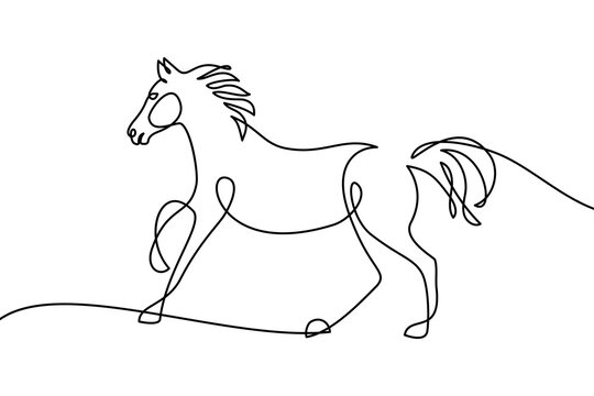 Horse in continuous line art drawing style. Running horse black graphic sketch isolated on white background. Vector illustration