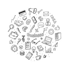 Business icons doodle set. Vector hand drawn black and white elements.