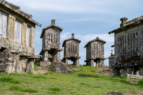 View of the granaries (espigueiros) in the historic village of Lindoso, Portugal.