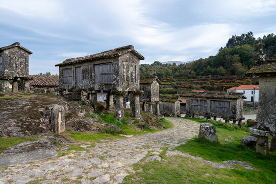View of the granaries (espigueiros) in the historic village of Lindoso, Portugal.