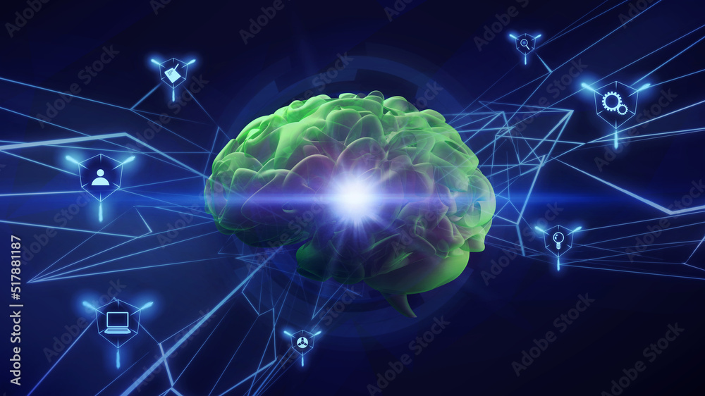 Wall mural brain, a.i. 3d rendering concept. a futuristic technology and science composition template, with a h