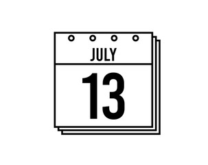 July 13 calendar. July month calendar black and white icon. Simple 3D vector.