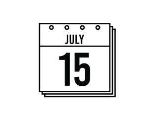 July 15 calendar. July month calendar black and white icon. Simple 3D vector.