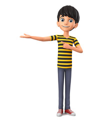 Cartoon character guy in a striped t-shirt points to an empty hand. 3d render illustration.