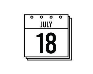 July 18 calendar. July month calendar black and white icon. Simple 3D vector.