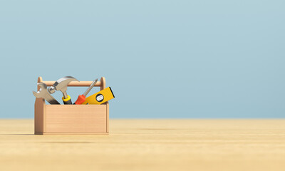 Box with tools on a wooden surface. 3d render illustration.