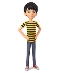 Cartoon character guy in a striped t-shirt isolated on a white background. 3d render illustration.