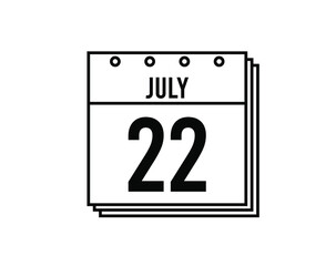 July 22 calendar. July month calendar black and white icon. Simple 3D vector.