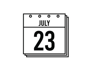 July 23 calendar. July month calendar black and white icon. Simple 3D vector.