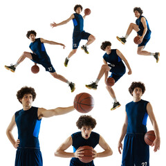 Collage made of dynamic portraits of male basketball player playing basketball isolated white...