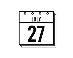 July 27 calendar. July month calendar black and white icon. Simple 3D vector.