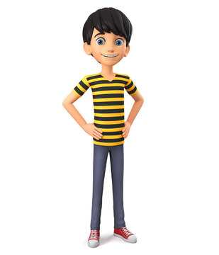 Cartoon character guy in a striped t-shirt isolated on a white background. 3d render illustration.