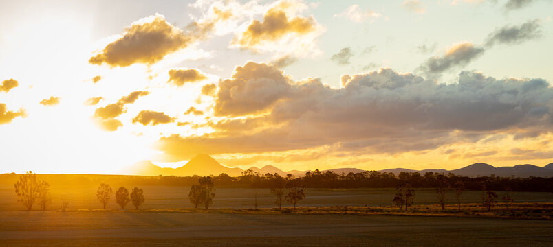 panorama of landscape with sun flare and distant Stirling ranges
