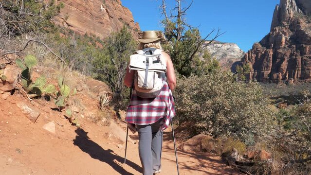 Nordic Walking With Trekking Poles In Mature Age And Woman Hiking In Mountains