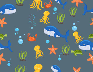 Vector seamless pattern with whales. Repeated texture with marine mammals. Sea background with animals.