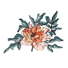 Elegant pastel peony flowerwith green leaves isolated on white background. Sketch linear floral drawing on colored spots for logo, avatar or art poster