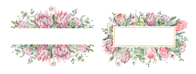 protea frame, protea wreath, pink flowers, postcard design, greenery background, floral border, wedding invitation - obrazy, fototapety, plakaty