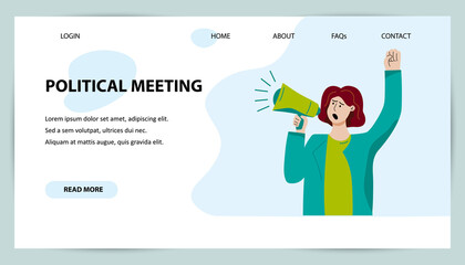 Political Meeting Landing Page Template. Person with megaphone for voting, demonstration, presidential election, No War protest. Vector illustration.