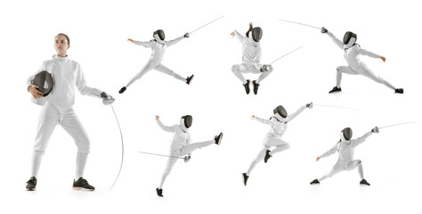 Photo set with images of teen girl in fencing costume with sword in hand isolated on white studio background. Sport, youth, healthy lifestyle. - obrazy, fototapety, plakaty