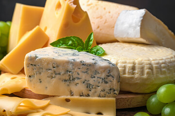 Assortment of different types of cheese close-up on a wooden background. Side view.