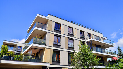 Obraz premium Modern apartment building facade, new apartment buildings exterior.