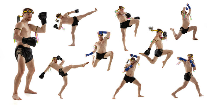 Sportive man exercising thai boxing on white background. Fighter practicing, training in martial arts in action, motion. Collage, set of images