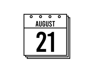 August 21 calendar. August month calendar black and white icon. Simple 3D vector.