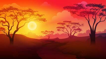Naklejka premium Sunset or sunrise in Africa savanna landscape with trees and grass