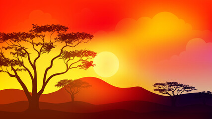 Naklejka na ściany i meble African savanna landscape at Sunset or sunrise with trees and grass