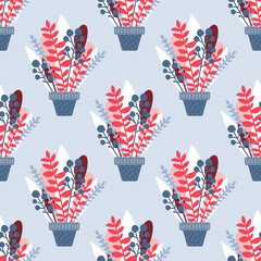 Vector seamless pattern with flowers in pots. Hand drawn illustration in flat style. - 517883176