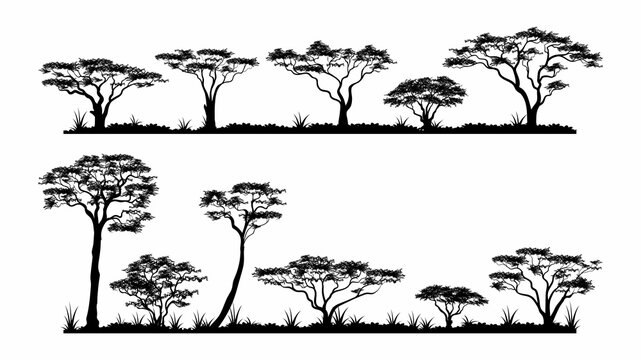 Silhouette African savanna trees individual vector element with grass