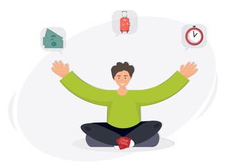 Young man sitting in lotus pose, meditating on the wishes, meditation on money income, mental health concept, increasing money concept flat vector illustration.