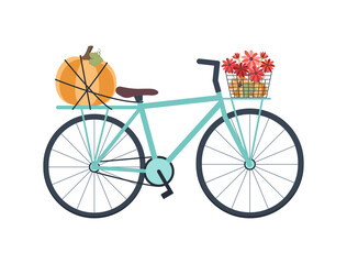 Blue bike with flowers in bin and pumkin. Autumn concept. Blue bicycle with pumkins, sunflowers and leaves. Background for posters, web, banners, flyers, postcards 
