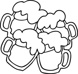 Beer mug full of foamy cold drink. Traditional German beverage. Octoberfest symbol, brewery logo, advertising sign for poster design or postcard. Hand drawn illustration. Cartoon style vector drawing.